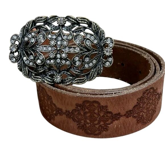 Guess Accessories - VTG Guess Brown Stamped Leather Belt Women’s Large 47” Y2K Rhinestone Buckle EUC